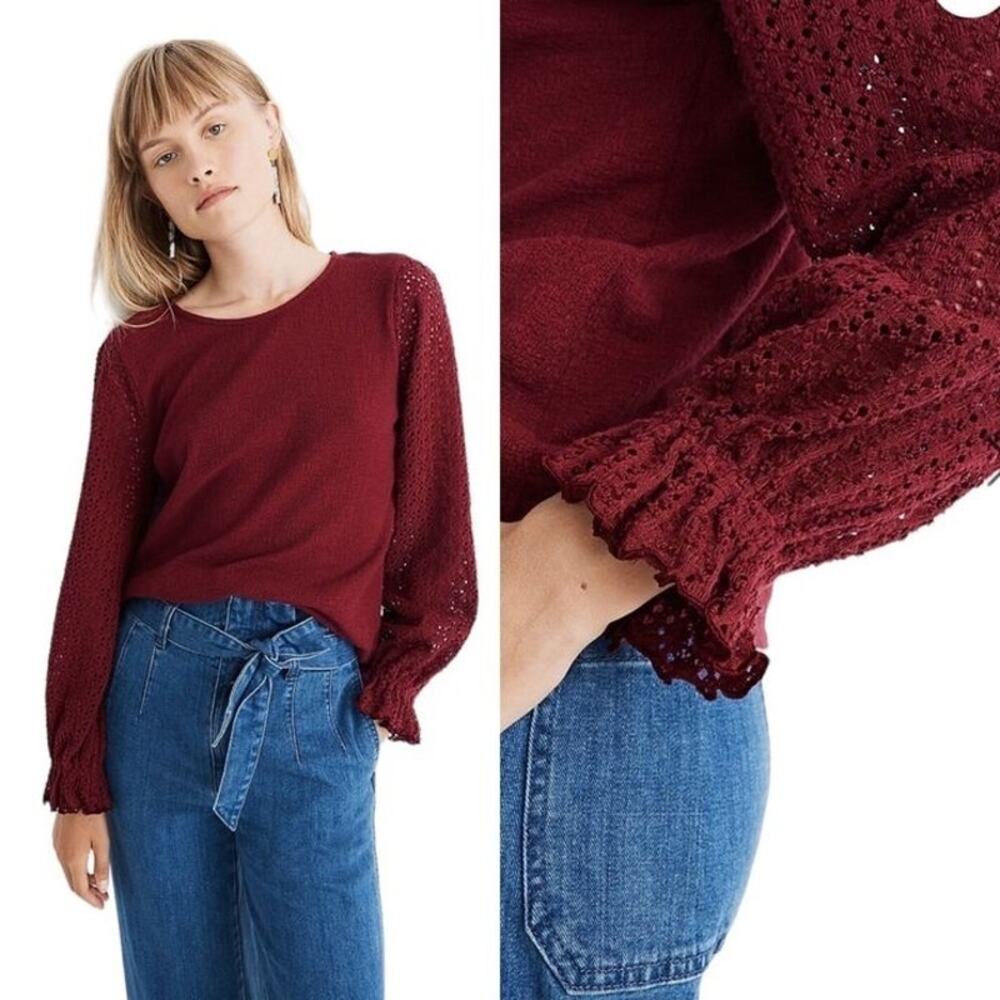 Madewell Texture & Thread Eyelet Crochet Mix Ruffle-Sleeve Cotton Blouse